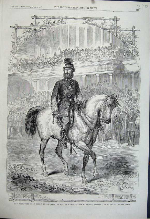 Old Antique Print 1861 Volunteer Sham Fight Brighton Lord Ranelagh Horse 19th