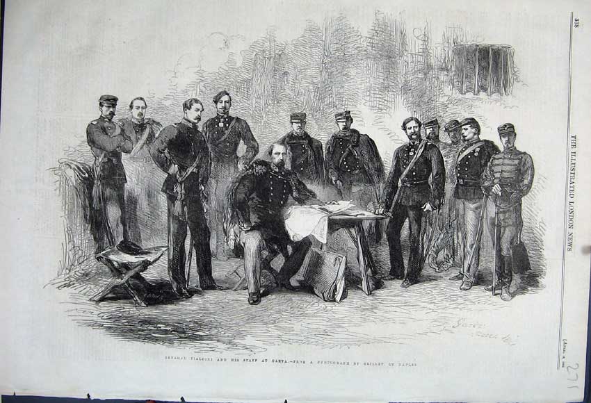 Original Old Antique Print 1861 General Cialdini Staff Gaeta War Siers Grillet