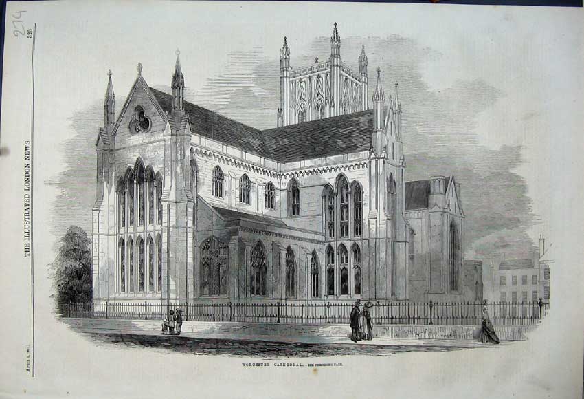 Old Antique Print Exterior View Worcester Cathedral Church Building 1861 19th