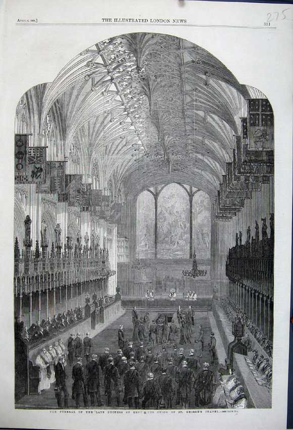 Old Antique Print 1861 Funeral Duchess Kent Choir St George Chapel Church 19th