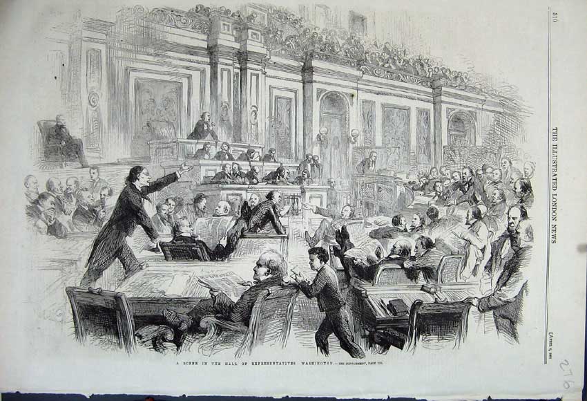 Original Old Antique Print 1861 Interior Scene Hall Representatives Washington