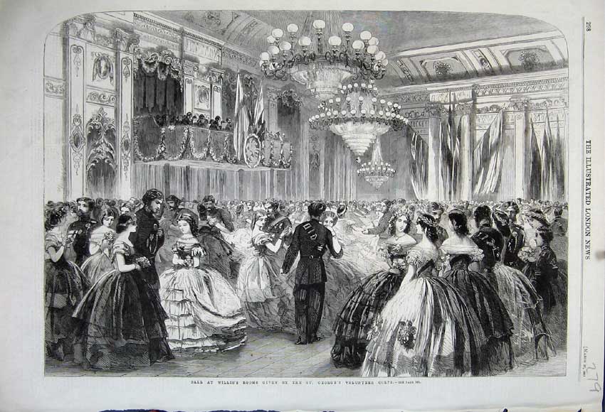 Original Old Antique Print 1861 Ball Willis'S Rooms St George'S Volunteer Corps