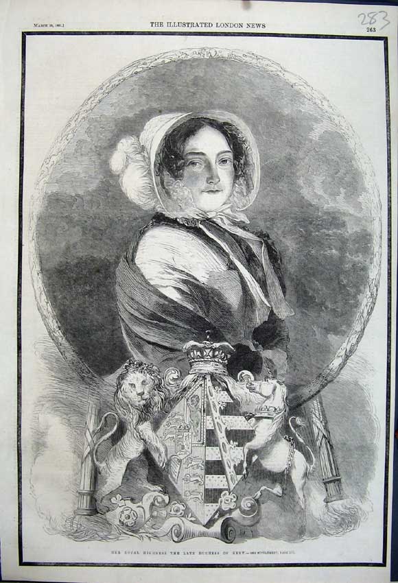 Original Old Antique Print 1861 Portrait Her Royal Highness Duchess Kent Lion