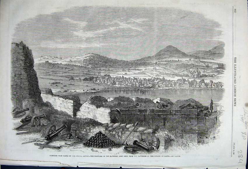 Old Antique Print 1861 City Gaeta Italy National Army Batteries Citadel 19th