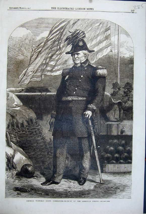 Old Antique Print 1861 General Winfield Scott Commander American Forces 19th