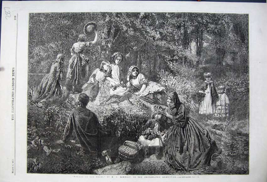 Original Old Antique Print 1861 Holiday Woods Children Playing Trees Robinson