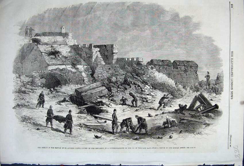 Original Old Antique Print 1861 Bastion Antonio Gaeta Explosion Powder Magazine