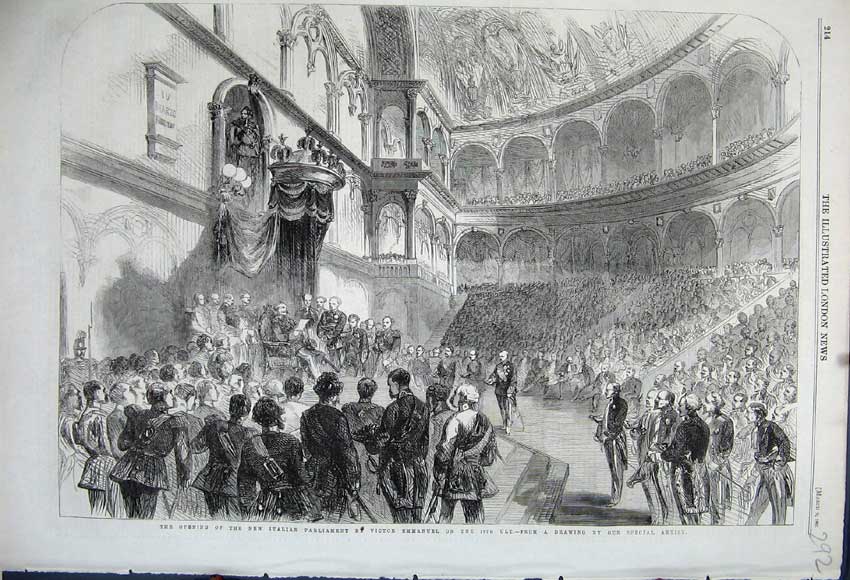 Old Antique Print 1861 Opening Italian Parliament Victor Emmanuel Sketch 19th