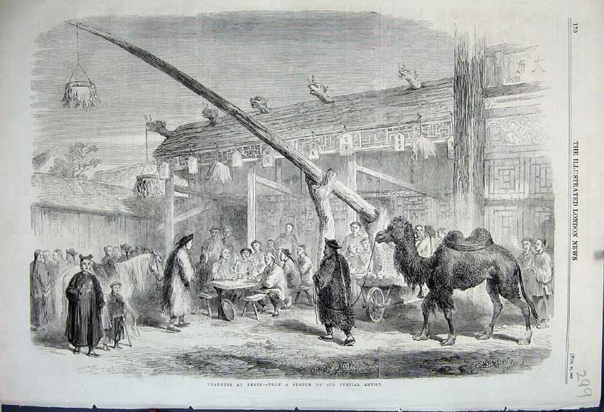 Old Antique Print 1861 View Teahouse Pekin Camel Men Table Family Sketch 19th