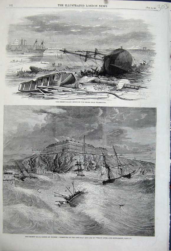 Old Antique Print 1861 Gale Storm Ship Wreks Tynemouth Whitby Life-Boat 19th