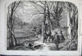 Old Antique Print 1861 Country Scene Men Hunting Horse Dog Sport Church 19th