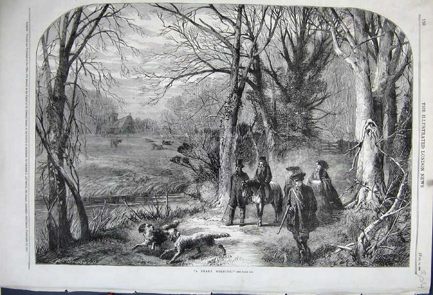 Old Antique Print 1861 Country Scene Men Hunting Horse Dog Sport Church 19th