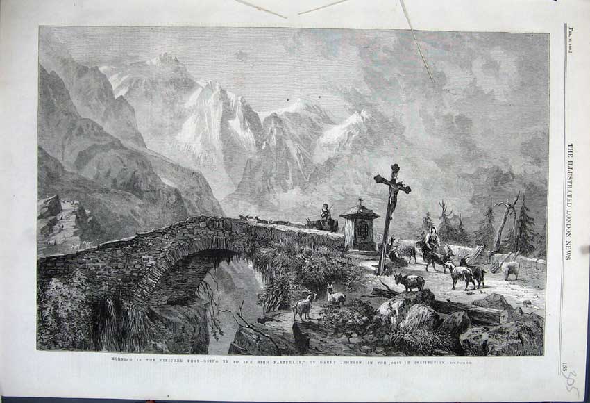 Old Antique Print 1861 Bridge Mountains Viescher Thal Goats Cross Trees 19th