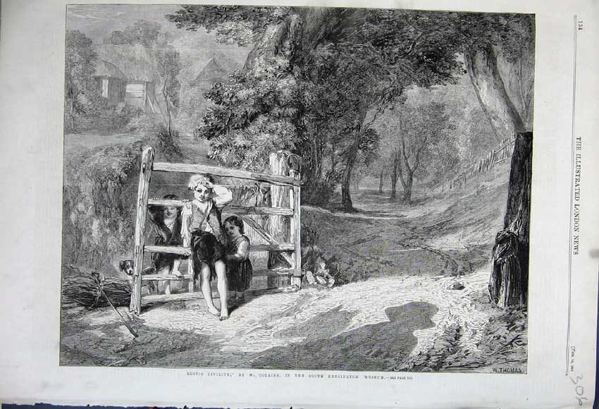 Old Antique Print 1861 Rustic Civility Children Playing Country Collins 19th