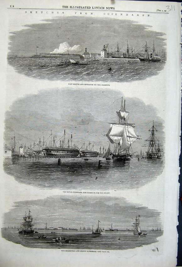 Original Old Antique Print 1861 Copenhagen Fort Sextus Harbour Roadstead Crown