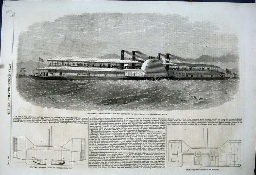 Original Old Antique Print 1861 Government Troop-Steamer Lower Indus Engines