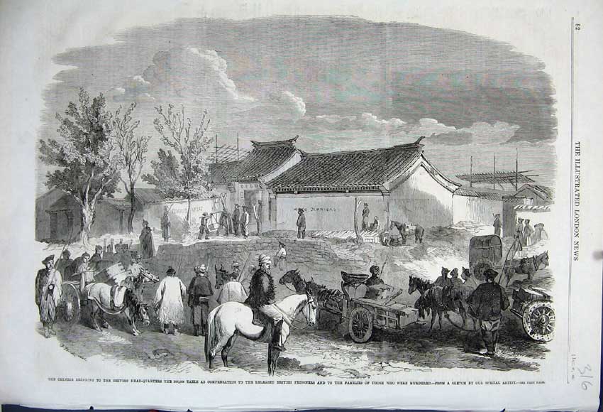 Old Antique Print 1861 Chinese British Head Quarters Taels Prisoner Horse 19th