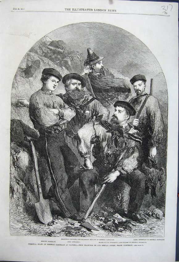 Original Old Antique Print 1861 General Garibaldi Caprera Basso Papeleo Pietro