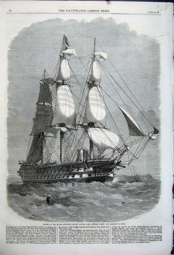 Original Old Antique Print Cruise Highness Prince Alfred 1861 St George 90 Guns