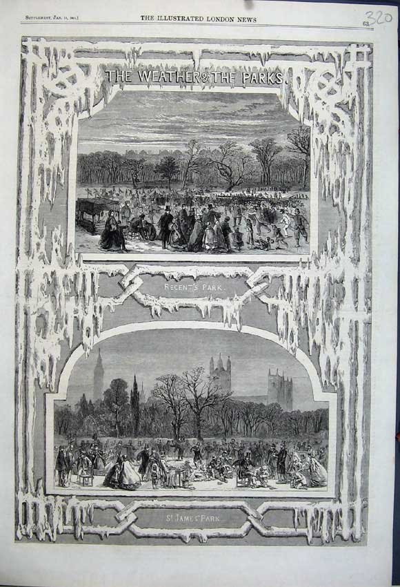 Original Old Antique Print 1861 Winter Weather St James Park Regent'S Families