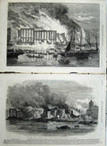 Original Old Antique Print 1861 Great Fire Southwark Cotton Wharf Ships Boats