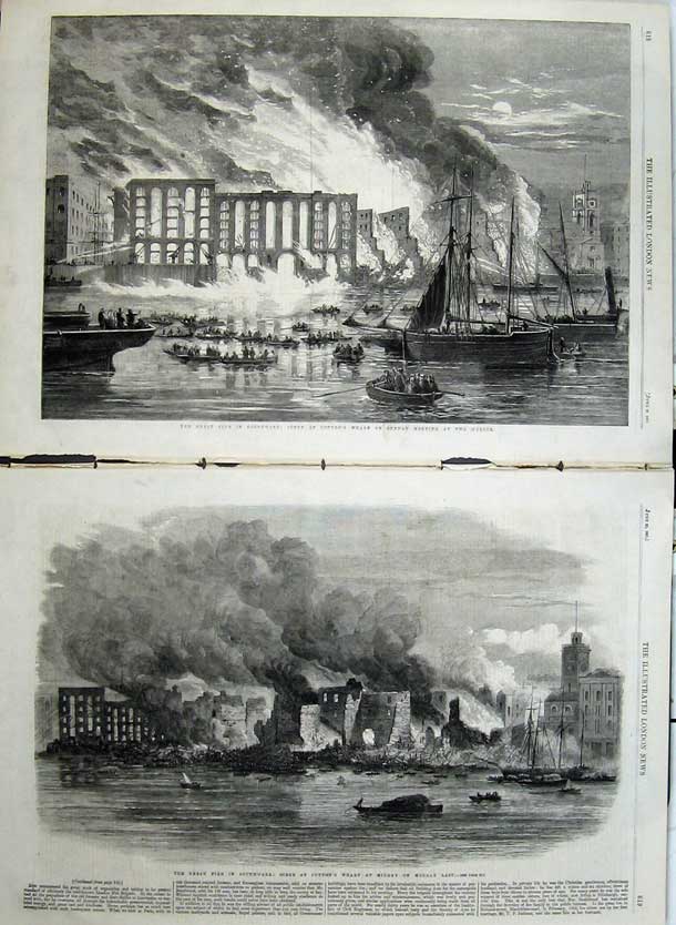 Original Old Antique Print 1861 Great Fire Southwark Cotton Wharf Ships Boats