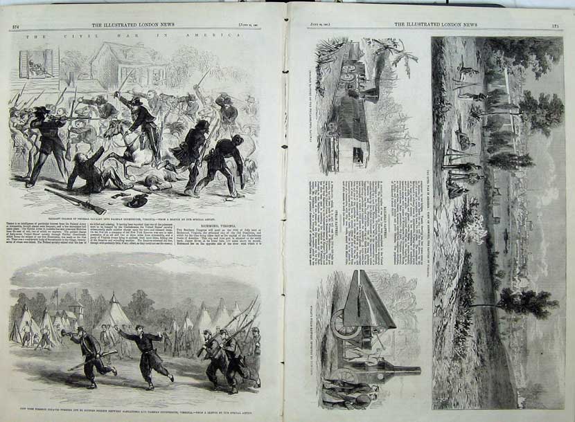 Antique Old Print 1861 Civil War America Cavlary Firemen Richmond Railway 19th