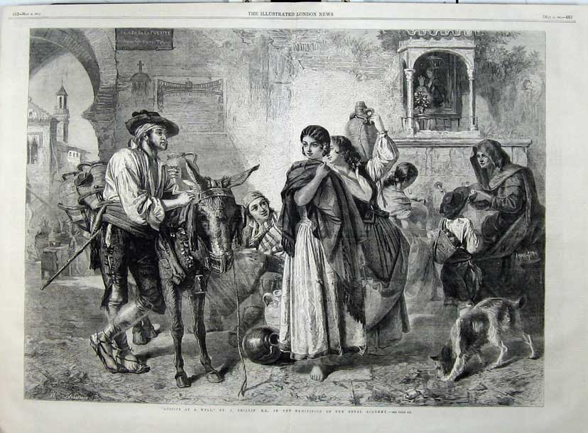 Original Old Antique Print 1861 Gossips Well Women Men Donkey Dog Phillip Art