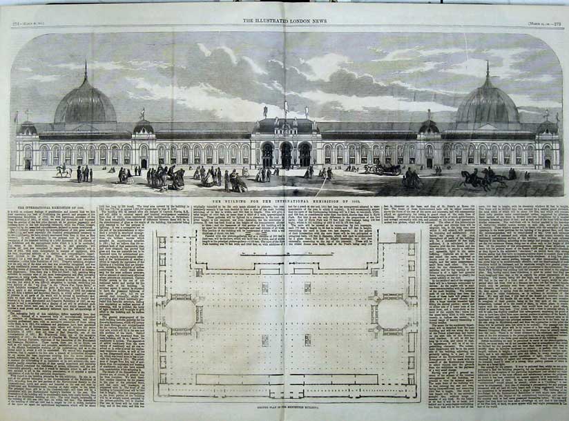 Original Old Antique Print Building International Exhibition 1861 Ground Plan