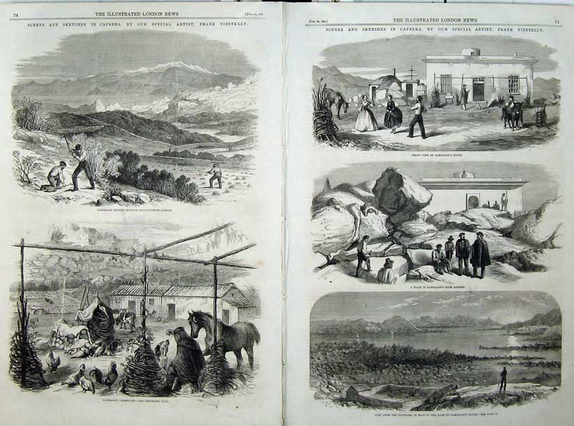 Original Old Antique Print 1861 Garibaldi Digging Roots Farmyard House Garden