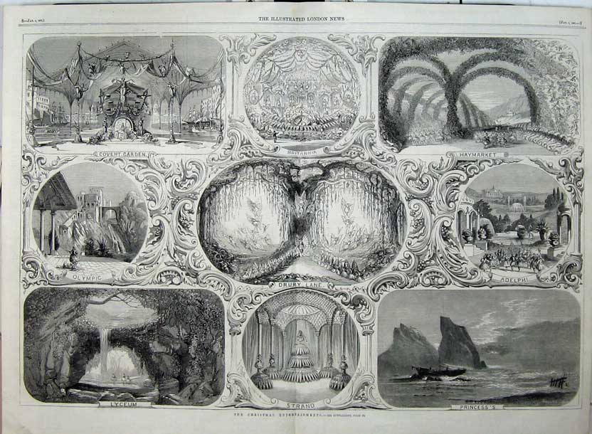 Old Antique Print 1861 Christmas Entertainments Theatre Drury Haymarket 19th