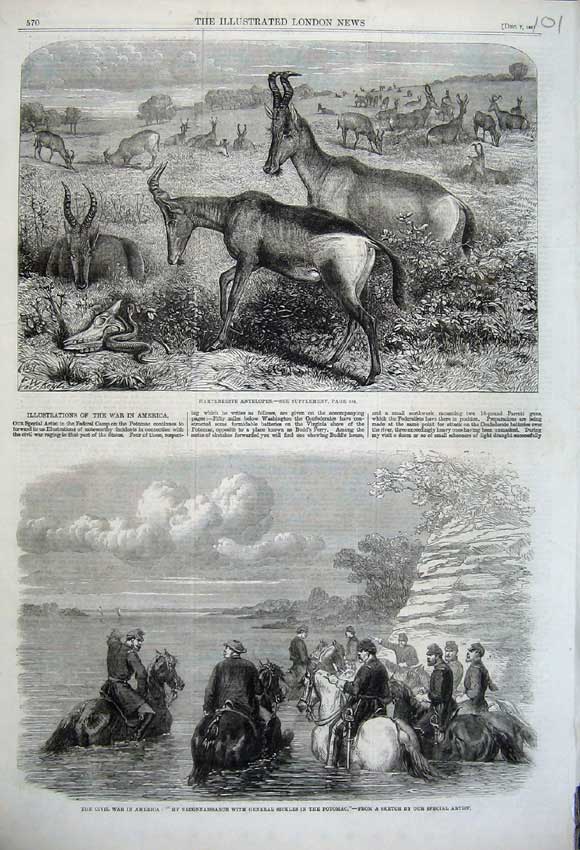 Old Antique Print 1861 Civil War America General Sickles Potomac Antelope 19th