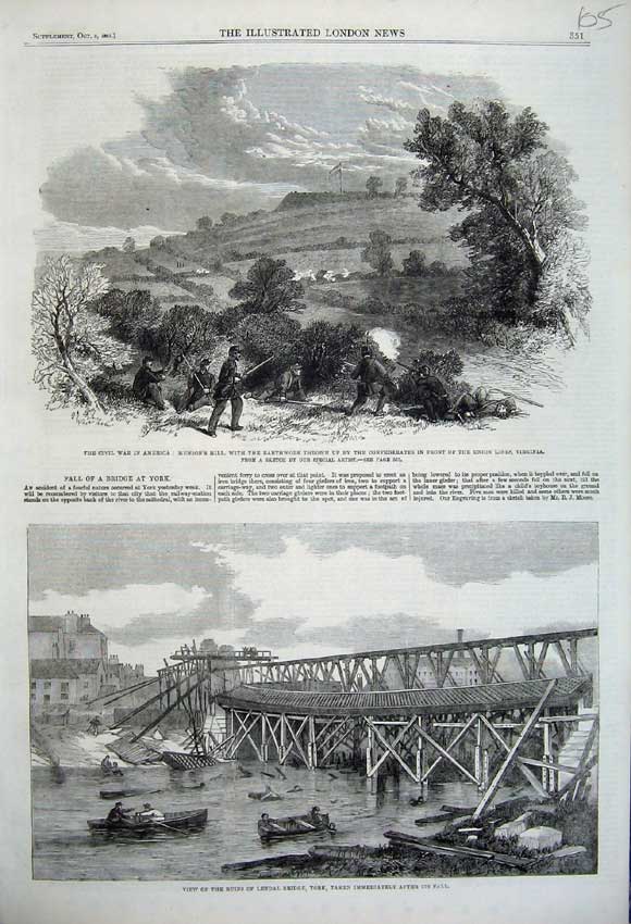 Old Antique Print 1861 Civil War America Munson Hill Ruins Lendal Bridge 19th
