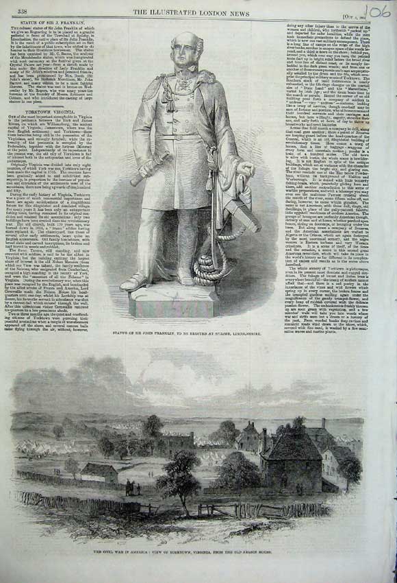 Original Old Antique Print 1861 Statue John Franklin Civil War America Yorktown