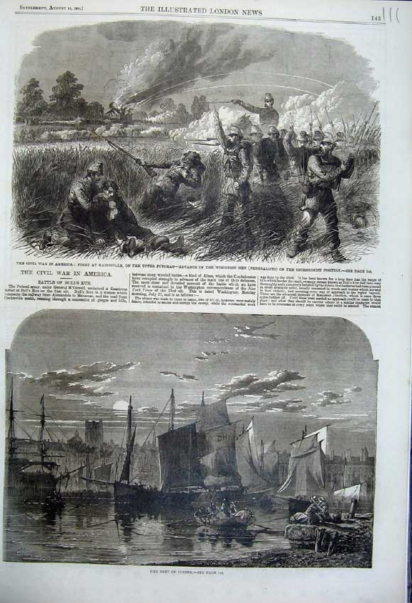 Old Antique Print 1861 Port Dieppe Ships Civil War America Potomac Battle 19th