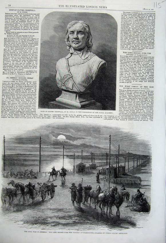 Old Antique Print 1861 Oliver Cromwell Civil War America Bridge Potomac 19th