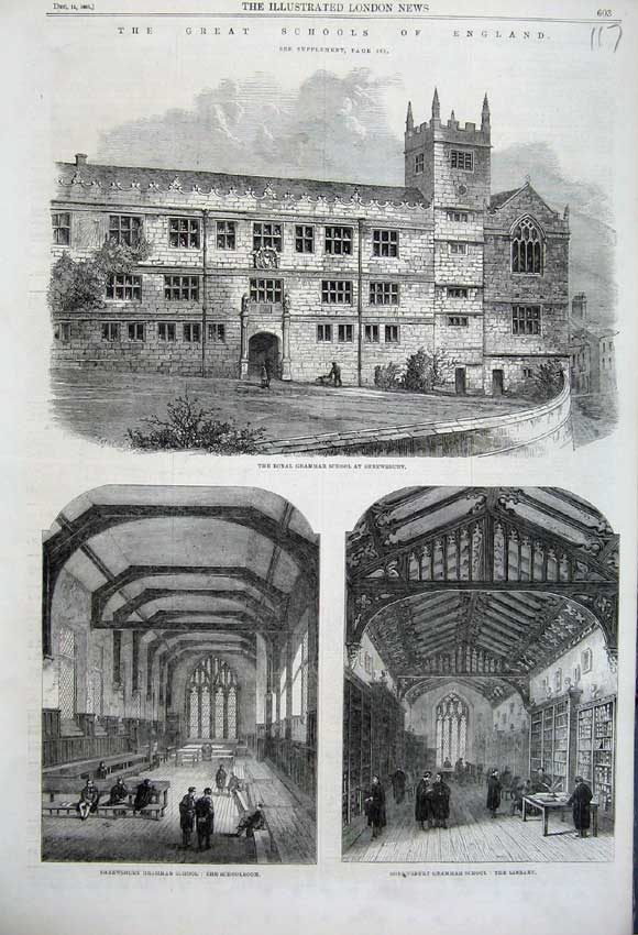 Old Antique Print 1861 Royal Grammar School Shrewsbury Library Teachers 19th