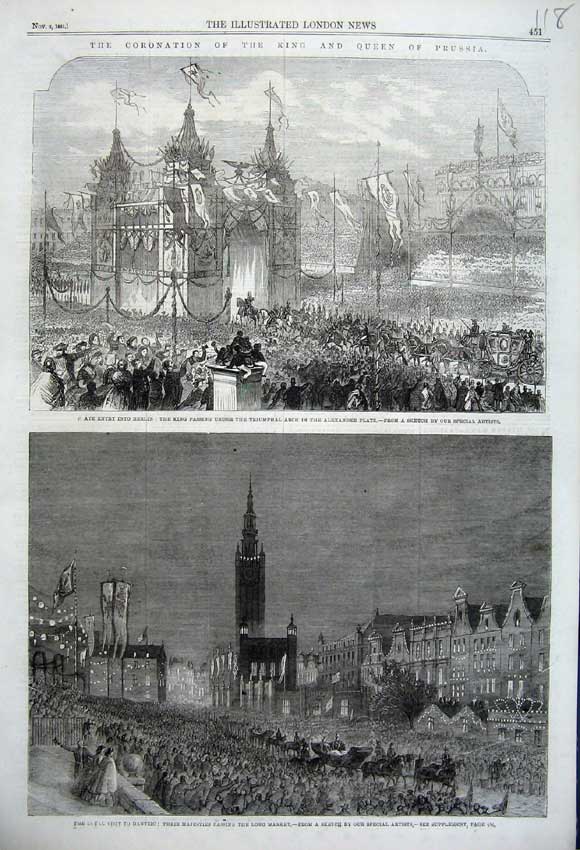 Old Antique Print 1861 Berlin King Prussia Alexander Platz Arch Dantzic 19th