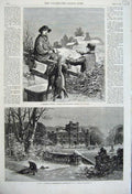 Original Old Antique Print 1861 Julian Mansion Ravenshurst Hunting Rabbits Snow