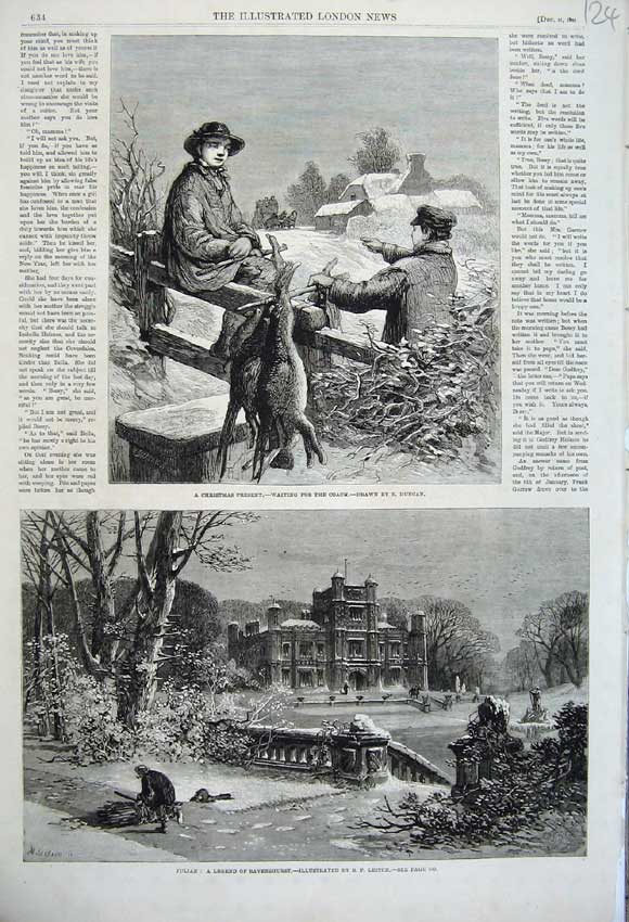 Original Old Antique Print 1861 Julian Mansion Ravenshurst Hunting Rabbits Snow