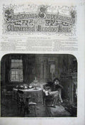 Original Old Antique Print 1861 Christmas Home Fire-Place Man Letter Table Art