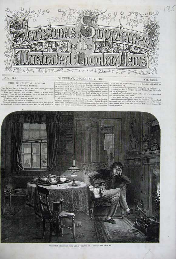 Original Old Antique Print 1861 Christmas Home Fire-Place Man Letter Table Art