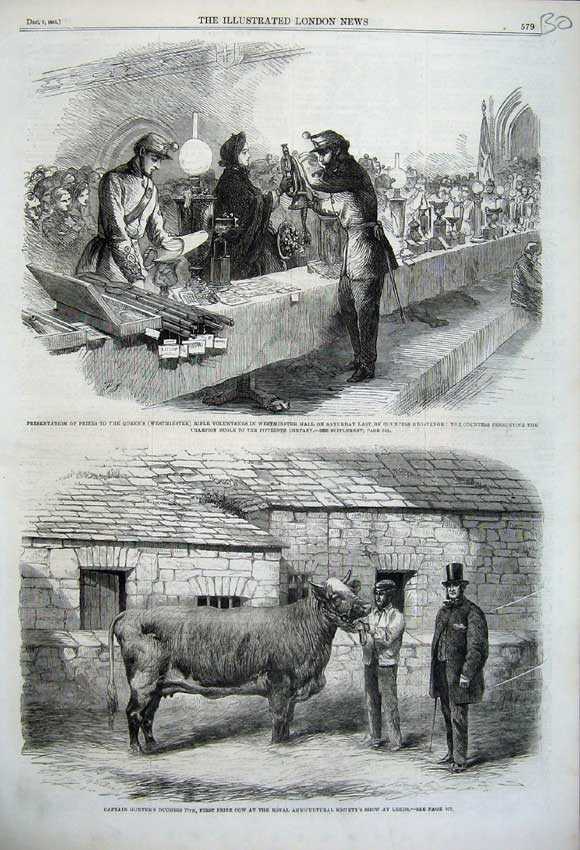 Original Old Antique Print 1861 Gunter'S Prize Cow Rifle Volunteers Westminster