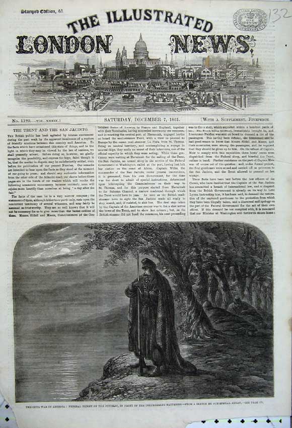 Original Old Antique Print 1861 Civil War Federal Picket Potomac Man Gun River
