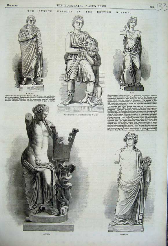 Original Old Antique Print 1861 Marble Statue Apollo Diana Priest Bacchus Nymph