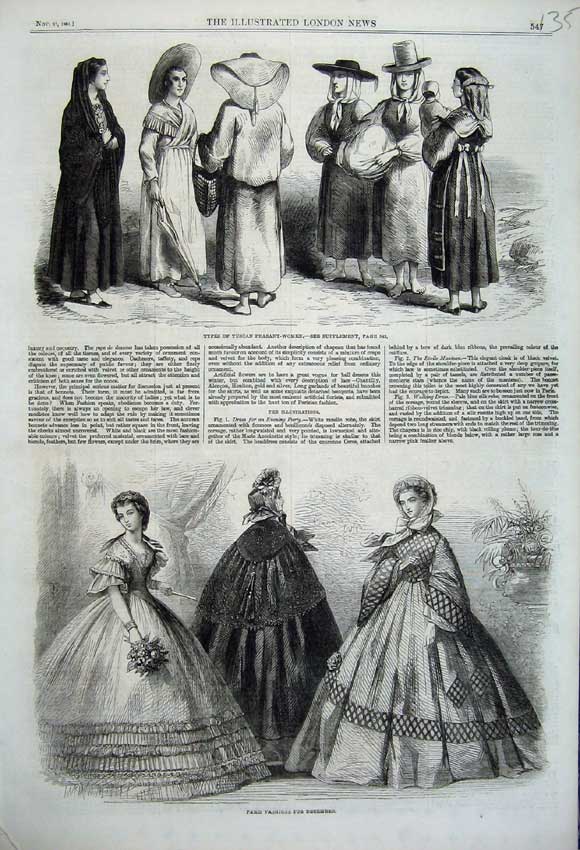 Old Antique Print 1861 Paris Fashion Dresses Types Tuscan Peasant Women 19th