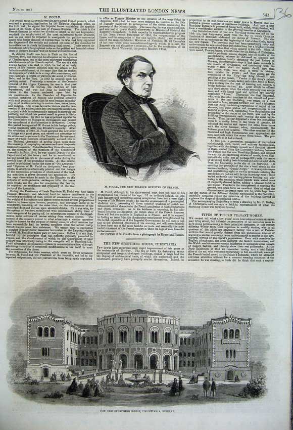 Original Old Antique Print 1861 Storthing House Norway Fould Finance France Man