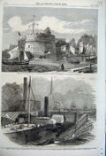 Old Antique Print 1861 Tower France Havre Harbour Dock Rio Janeiro Ship 19th