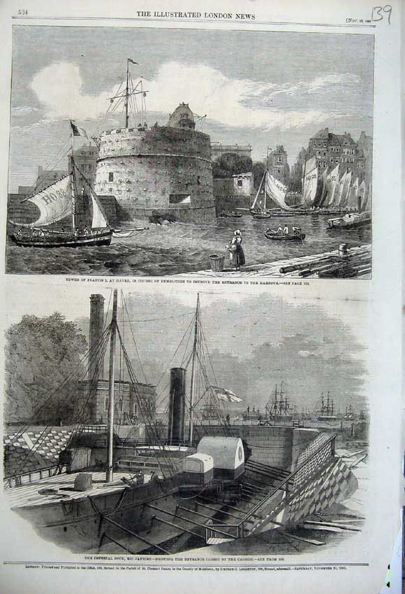 Old Antique Print 1861 Tower France Havre Harbour Dock Rio Janeiro Ship 19th