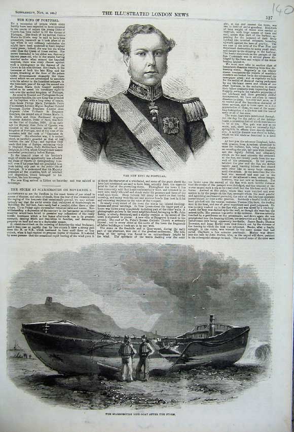 Original Old Antique Print King Portugal Scarborough Life-Boat Wreck Storm 1861